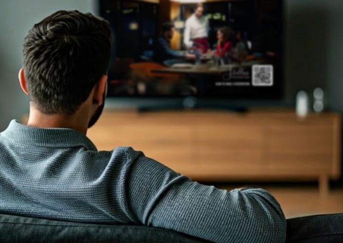 A man facing away from the camera sits with his arm over the couch in his hotel room watching a restaurant promo on SONIFI's interactive TV, which helps hotels increase revenue
